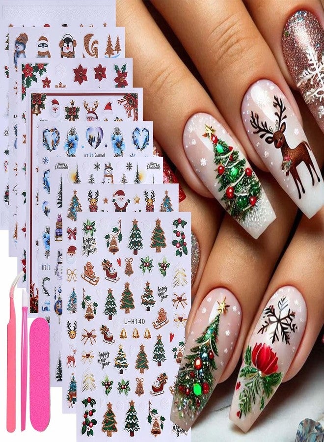 SWEET TREND Christmas Nail Art Stickers Set – 8pcs Cute Santa Reindeer Snowman Penguin Christmas Tree Nail Decals with Tweezers - Holiday Nail Decorations for DIY Manicure - Xmas Gift for Women - Image 1